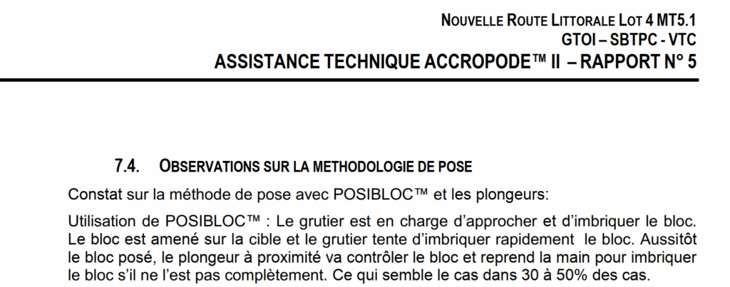 Extrait de rapport indiquant que l’utilisation de Posibloc a provoqué 30 à 50 % de défauts d’imbrication lors de la pose des blocs.