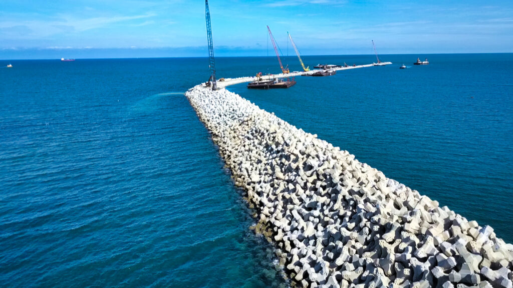 Drone aerial view of the armour layer of the Kuantan breakwater showing the arrangement of concrete units