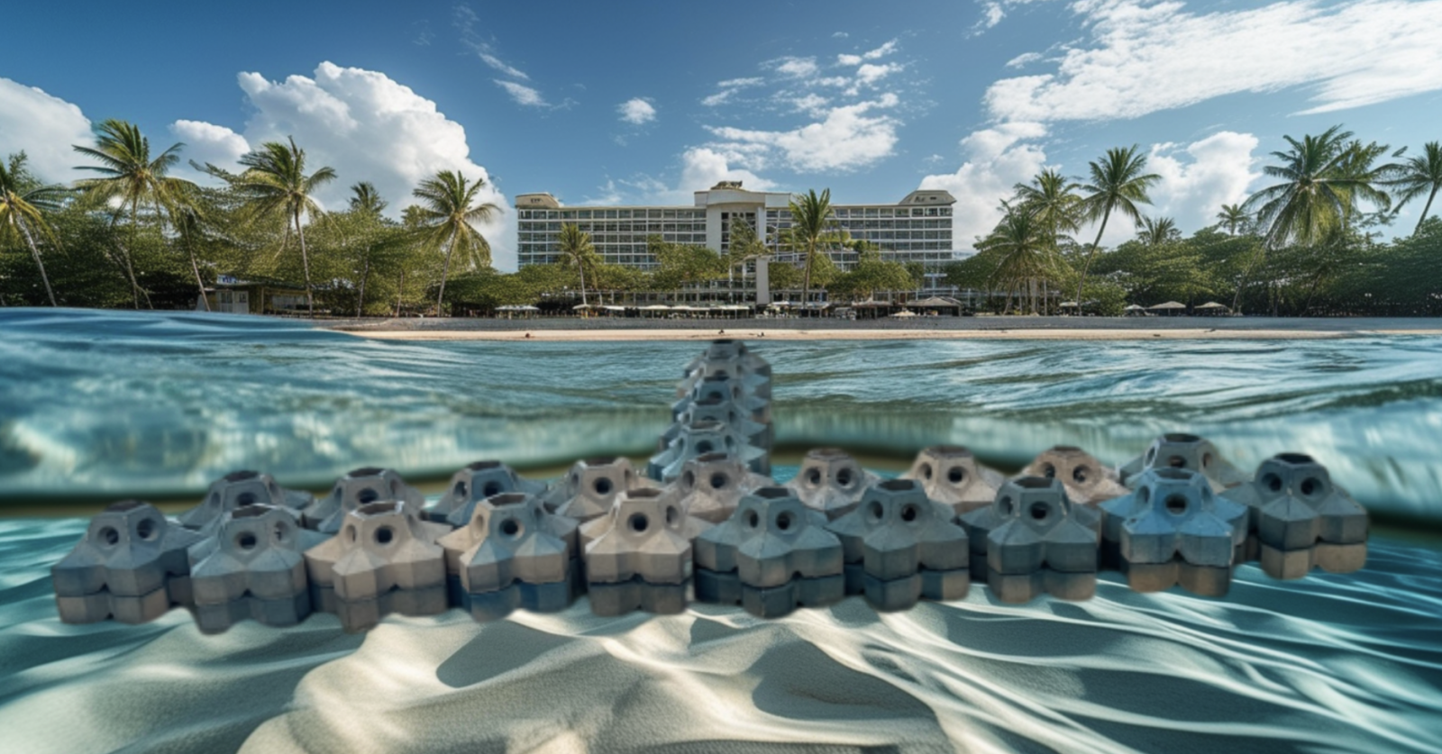 Protection de la plage d’un hôtel grâce à une solution de résilience côtière dissipant l’énergie des vagues.