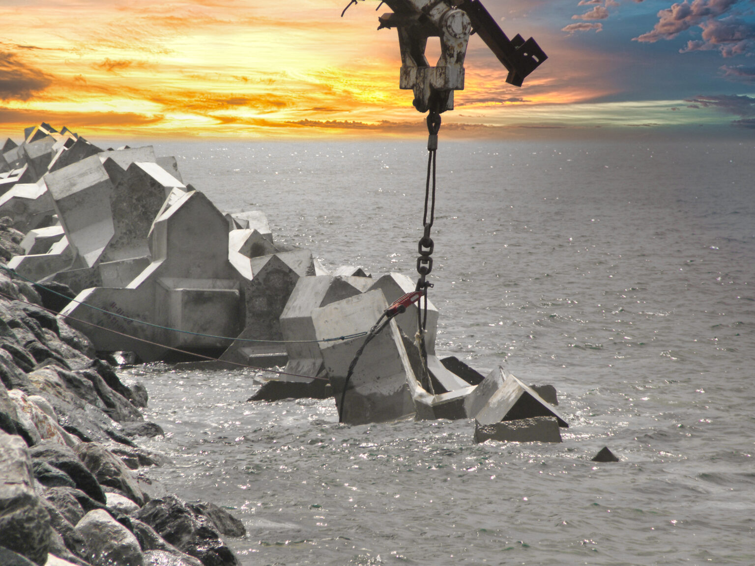 Installation des blocs de protection sur la digue de Das Island, avec contrôle de qualité assuré par CLAS.