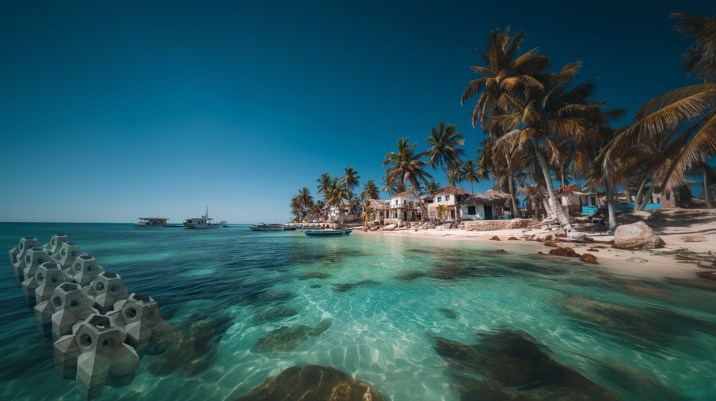 STARBLOCK™ installés pour protéger une plage de pêcheurs contre l’érosion et la houle.