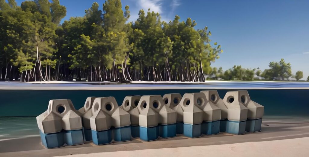 Modules STARBLOCK™ installés pour protéger une mangrove contre l’érosion et renforcer la résilience côtière.
