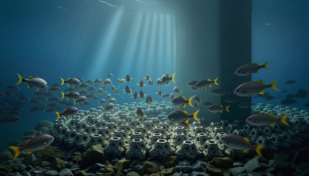 Illustration conceptuelle de blocs artificiels STARBLOCK™ pour la protection contre l’affouillement autour de piles de viaduc et d’ouvrages d’art en milieu marin ou fluvial