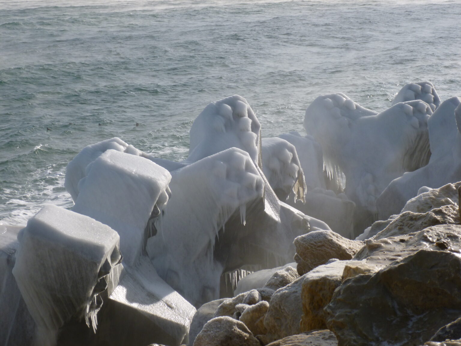 Ice-covered concrete armour units on the slope of a port breakwater in Constanța, Romania