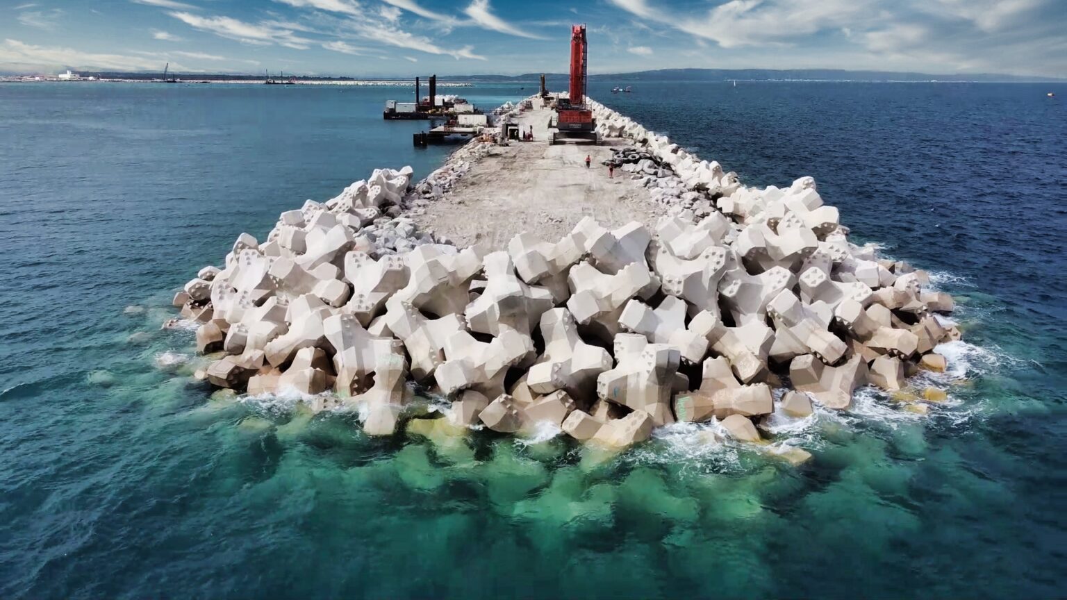 Drone aerial view of the offshore breakwater head at Port-La-Nouvelle port, France