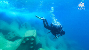 Plongeur CLAS enregistrant l’état de la carapace ACCROPODE™II sous l’eau à Bastia