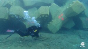 Plongeur CLAS inspectant pour certification la première rangée d’ACCROPODE™II posée dans le terrain naturel à Bastia