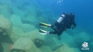 Plongeur CLAS filmant la carapace en blocs ACCROPODE™ II lors d’une inspection sous-marine à Bastia